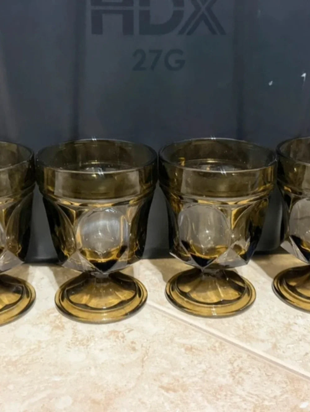 Vintage MCM Olive Smoke Brown Glass Footed Water Wine Goblets Set of 4